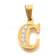 Ion Plating(IP) 304 Stainless Steel Rhinestone Pendants, Letter C, 17~19x10.5~18x2mm, Hole: 6.5x3.5mm(STAS-U035-01G-C)