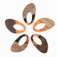Resin & Walnut Wood Pendants, Teardrop, Orange, 39x23x3mm, Hole: 20x10mm(RESI-S389-002A-A01)