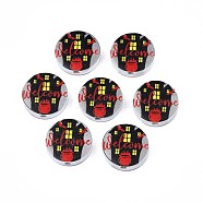 Halloween Printed Natural Wood Beads, Flat Round with Word Welcome & Cauldron & Castle Pattern, Black, 19~20x5.9mm, Hole: 2~2.2mm(WOOD-T021-67)