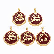 Brass Enamel Pendants, Cadmium Free & Nickel Free & Lead Free, Real 16K Gold Plated, Bottle Cap with Word Be Free, Dark Red, 27x25x4.5mm, Hole: 4.5x3.5mm(ENAM-S128-002M-NR)