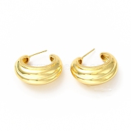 Rack Plating Brass Stud Earrings, Lead Free & Cadmium Free, Grooved Half Hoop Earring for Women, Real 18K Gold Plated, 28x15x29mm, Pin: 0.8mm(EJEW-H093-03G)