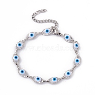 304 Stainless Steel Horse Eye Link Chain Bracelet with Resin Evil Eye Beaded for Women, White, 6-7/8 inch(17.5cm)(BJEW-F439-01P-01)