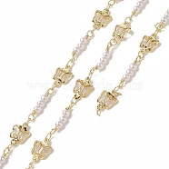 Rack Plating Brass Butterfly Link Chains, with Plastic Pearl Beaded, Unwelded, with Card Paper, Golden, 11x7x2mm(CHC-C026-12)
