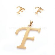 (Jewelry Parties Factory Sale), 304 Stainless Steel Pendants and Stud Earrings Jewelry Sets, Alphabet, Letter.F, 48x44x1.7mm, Hole: 9x4.5mm, 16x16.5x1.5mm, Pin: 0.8mm(SJEW-P100-06G)