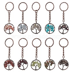 Brass Wire Wrapped Natural & Synthetic Mixed Stone Pendant Keychain, with Iron Split Key Rings, Tree of Life, 8.7cm(KEYC-JKC00655)