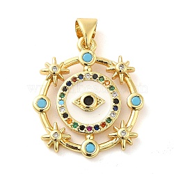 Real 18K Gold Plated Brass Clear Cubic Zirconia Pendants, with Enamel and Glass, Flat Round with Evil Eye, Colorful, 23.5x20.5x3mm, Hole: 5x3.5mm(KK-A198-16G)