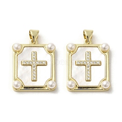 Brass Pave Shell Pendants, Religion Cross Charms with ABS Imitation Pearl, Real 18K Gold Plated, Rectangle, 23x18x5mm, Hole: 3.5x4mm(KK-I708-17D-G)