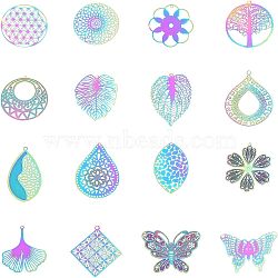 201 Stainless Steel Filigree Pendants, Etched Metal Embellishments, Mixed Shapes, Rainbow Color, 74x72x17mm, 32pcs/box(STAS-UN0003-28)