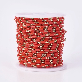 Handmade Glass Beaded Chains, Soldered, with Brass Findings, with Spool, Long-Lasting Plated, Real 18K Gold Plated, Cuboid, Red, 4.5x2.5~3x2.5~3mm, 2mm, about 32.8 Feet(10m)/roll