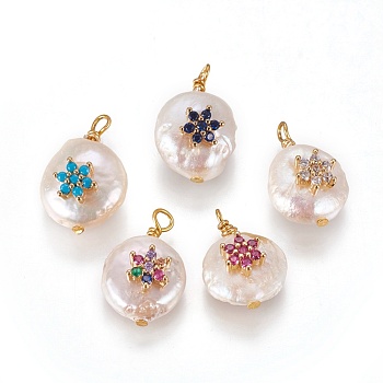Natural Cultured Freshwater Pearl Pendants, with Cubic Zirconia and Brass Findings, Flat Round with Flower, Golden, Mixed Color, 17~18x12~14mm, Hole: 1.6mm