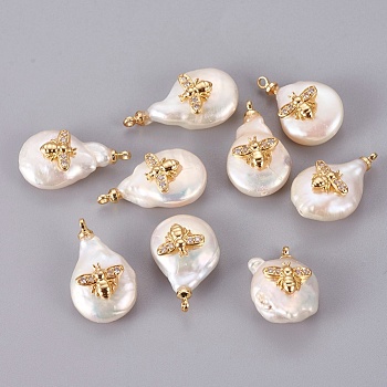 Natural Cultured Freshwater Pearl Pendants, with Brass Cubic Zirconia Cabochons, Long-Lasting Plated, Nuggets with Bees, Real 18K Gold Plated, 16~22x12~13x6.5~7mm, Hole: 1.4mm