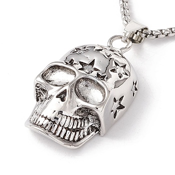 Alloy Skull with Star Pendant Necklace with 201 Stainless Steel Box Chains, Gothic Jewelry for Men Women, Antique Silver & Stainless Steel Color, 23.62 inch(60cm)