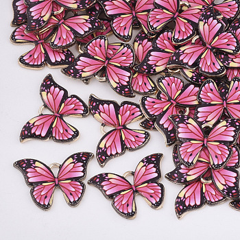 Printed Alloy Pendants, with Enamel, Butterfly, Light Gold, Deep Pink, 15.5x22x2mm, Hole: 1.8mm