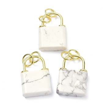 Natural Howlite Pendants, with Golden Brass Findings and Jump Rings, Cadmium Free & Lead Free, Lock, 27x18x5.5mm, Hole: 6mm