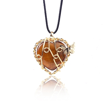 Natural Tiger Eye Metal Wire Wrapped Heart Pendants, Golden Plated Butterfly Charms, 42x37mm