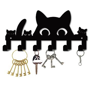 Iron Wall Mounted Hook Hangers, 6-Hook Decorative Organizer Rack, for Bag Clothes Key Scarf Hanging Holder, Cat Shape, 130x270mm, Hole: 5mm