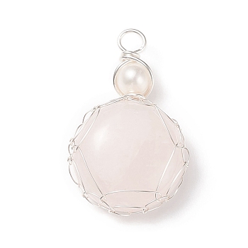 Natural Rose Quartz Pendants, with Silver Tone Copper Wire and Natural Cultured Freshwater Pearl, Flat Round Charm, 34~37x21~22x7~8mm, Hole: 4~4.5mm