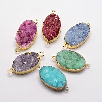 Electroplate Natural Druzy Quartz Crystal Links connectors, Dyed, with Golden Plated Brass Findings, Oval, Mixed Color, 35~38x17~20x8~11mm, Hole: 2~3mm