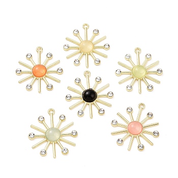 Alloy Crystal Rhinestone Pendants, Sun Charms, with Mixed Color Glass Imitation Cat Eye, Golden, 31x28x5mm, Hole: 2mm