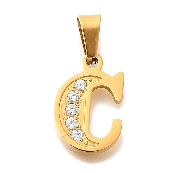 Ion Plating(IP) 304 Stainless Steel Rhinestone Pendants, Letter C, 17~19x10.5~18x2mm, Hole: 6.5x3.5mm