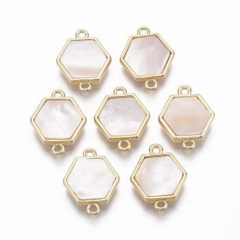 Brass Links, with Freshwater Shell, Nickel Free, Hexagon, Real 18k Gold Plated, Seashell Color, 16x12.5x3mm, Hole: 1.2mm