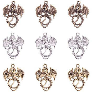 Tibetan Style Alloy Pendants, Dragon, Mixed Color, 34.5~35x27~27.5x2~3mm, Hole: 2.5mm, 36pcs/box