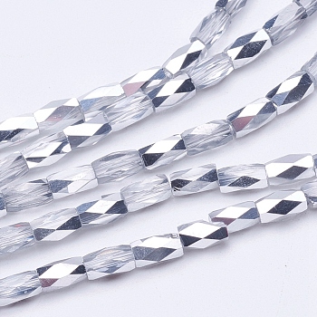 Electroplate Transparent Glass Beads Strands, Faceted, Column, Silver Plated, 5x3mm, Hole: 0.5mm, about 100pcs/strand, 19.4 inch