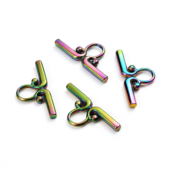 Ion Plating(IP) 304 Stainless Steel Toggle Clasps Parts, Bar, Rainbow Color, 22x10x2mm, Hole: 5x4mm