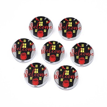 Halloween Printed Natural Wood Beads, Flat Round with Word Welcome & Cauldron & Castle Pattern, Black, 19~20x5.9mm, Hole: 2~2.2mm