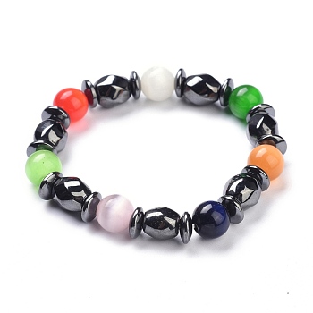 Cat Eye Round Beads Stretch Bracelets, with Oval Synthetic Magnetic Hematite Beads, Colorful, Inner Diameter: 2-1/8 inch(5.3cm)