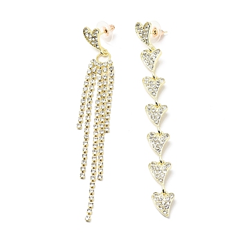 Crystal Rhinestone Heart Tassel Asymmetrical Earrings with 925 Sterling Silver Pins, Alloy Long Dangle Stud Earrings for Women, Light Gold, 97~98mm, Pin: 0.8mm