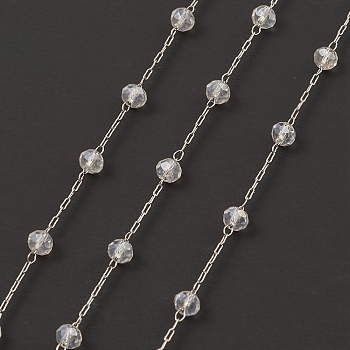 Glass Round Beaded Chains, with 304 Stainless Steel Findings, Unwelded, with Spool, Clear, 3x3.5mm, about 16.40 Feet(5m)/Roll
