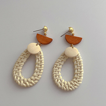Woven Wood Rattan Dangle Earrings for Women, Oval