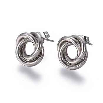 304 Stainless Steel Stud Earrings, Hypoallergenic Earrings, Interlocking Rings, with Ear Nuts, Stainless Steel Color, 13mm, Pin: 0.8mm, 6pairs/card