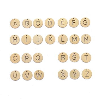 304 Stainless Steel Charms, Ion Plating (IP), Flat Round with Letter A~Z, Golden, 10x0.7~1.5mm, Hole:1mm