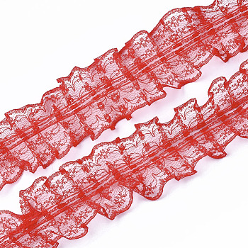 Organza Lace Trim, Pleated/Double Ruffle Ribbon, Red, 45~50mm, 30m/bundle