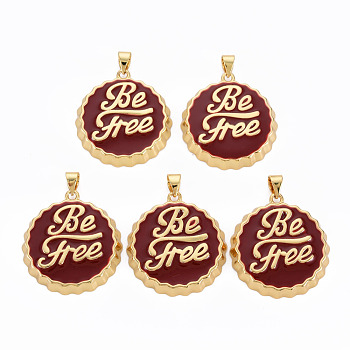 Brass Enamel Pendants, Cadmium Free & Nickel Free & Lead Free, Real 16K Gold Plated, Bottle Cap with Word Be Free, Dark Red, 27x25x4.5mm, Hole: 4.5x3.5mm