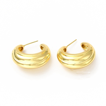 Rack Plating Brass Stud Earrings, Lead Free & Cadmium Free, Grooved Half Hoop Earring for Women, Real 18K Gold Plated, 28x15x29mm, Pin: 0.8mm