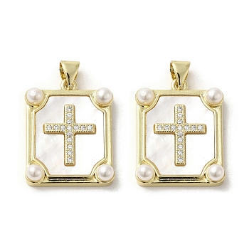 Brass Pave Shell Pendants, Religion Cross Charms with ABS Imitation Pearl, Real 18K Gold Plated, Rectangle, 23x18x5mm, Hole: 3.5x4mm