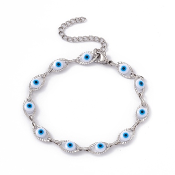 304 Stainless Steel Horse Eye Link Chain Bracelet with Resin Evil Eye Beaded for Women, White, 6-7/8 inch(17.5cm)