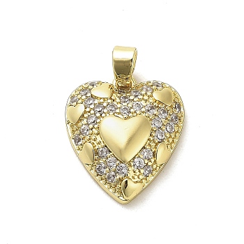 Rack Plating Brass Micro Pave Clear Cubic Zirconia Pendants, Cadmium Free & Lead Free,  Long-Lasting Plated, Heart, Real 18K Gold Plated, 20x18x5.5mm, Hole: 5x3mm