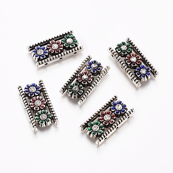 Tibetan Style Alloy Multi-Strand Links, with Enamel and Rhinestone, Rectangle with Flower, Antique Silver, 13.5x26x5mm, Hole: 1.5mm