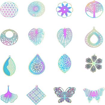 201 Stainless Steel Filigree Pendants, Etched Metal Embellishments, Mixed Shapes, Rainbow Color, 74x72x17mm, 32pcs/box