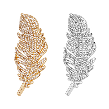 2Pcs 2 Colors Feather Alloy Rhinestone Scarf Buckle Clips, Chunky Wide Clasp Holder for Women's Clothing Scarf, Platinum & Light Gold, 62x24.5x10.5mm, 1pc/color