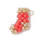 Christmas Handmade Glass Seed Beaded Christmas Stocking Charms, with 304 Stainless Steel Jump Rings, Red, 14x12x6.5mm, Hole: 3mm(PALLOY-MZ01069-02)