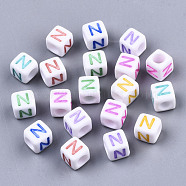 Opaque White Acrylic Beads, with Enamel, Horizontal Hole, Cube with Mixed Color Letter, Letter.N, 6x6x6mm, Hole: 3mm, about 2900pcs/500g(SACR-R252-02N)