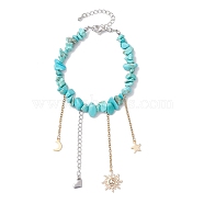 Synthetic Turquoise Chip Beaded Bracelets, Sun Heart Brass Charm Bracelets for Women, Golden, 7-1/2 inch(19cm)(AJEW-JB01221)