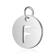 304 Stainless Steel Charms, Flat Round with Letter, Stainless Steel Color, Letter.F, 12x1mm, Hole: 2.5mm(STAS-S105-T514S-F)