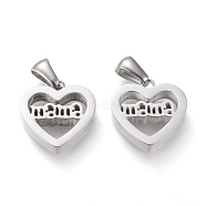 Non-Tarnish Mother's Day 304 Stainless Steel Pendants, Cut-Out, Hollow, Manual Polishing, Heart with Word Mama, Stainless Steel Color, 15x15x3.5mm, Hole: 3x6mm(STAS-F253-01P)