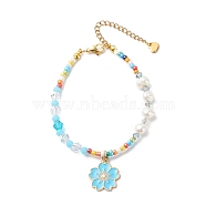 Alloy Enamel Sakura Charm Bracelet, Natural Pearl & Seed Beaded Bracelet for Women, Colorful, 7-5/8 inch(19.5cm)(BJEW-JB08850)